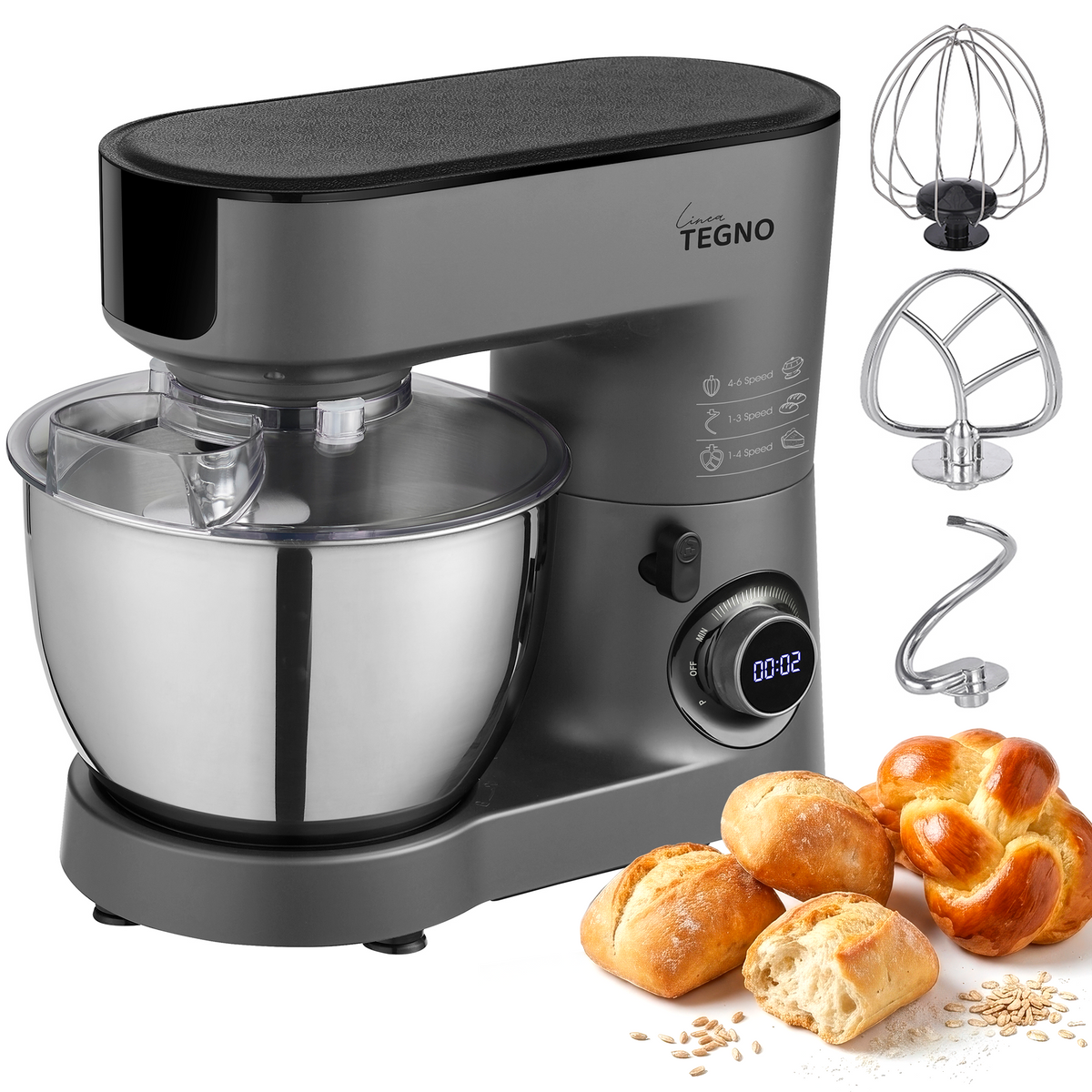 Professioneller 1500W Mixer mit 6,5L Edelstahlschüssel. Inklusive Knet – Linea TEGNO